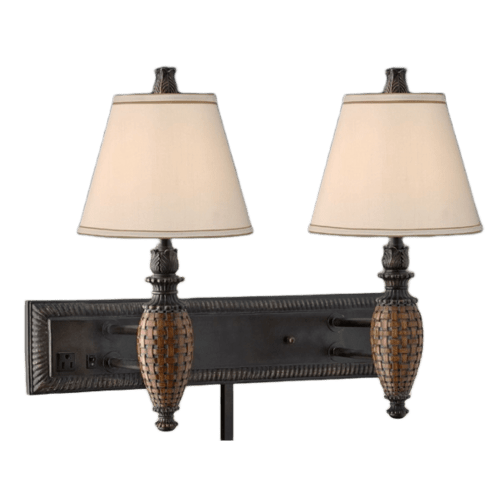 Double Wall Lamp, 20" H, 4.5" x 22" Backplate, 2 Outlets, Hardwired, Old Bronze